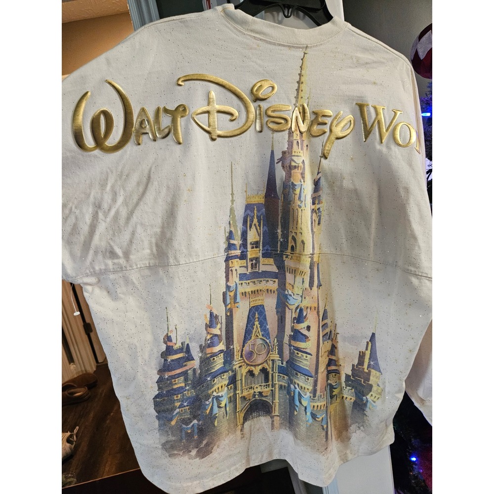 Disney World 50th Anniversary Spirit Jersey Womens L G Cream Gold Castle Sparkle